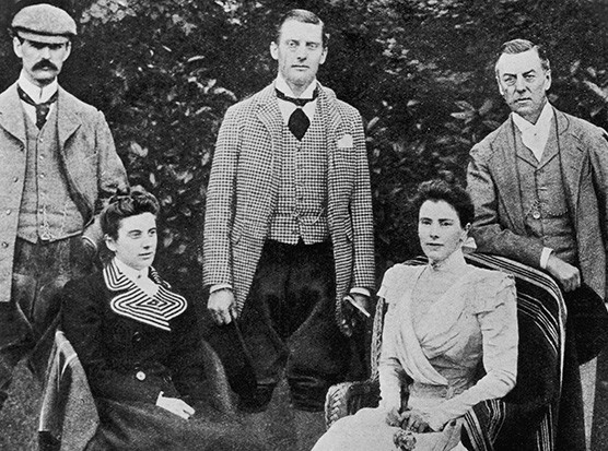 Joseph Chamberlain (far right) pictured with his sons Neville (far left) and Austen, daughter Hilda (front left) and third wife, Mary Endicott (Photo by Three Lions/Hulton Archive/Getty Images)