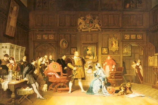 Henry VIII and Anne Boleyn, observed by Queen Catherine (of Aragon), who is stood in the doorway. Anne has been playing the lute for the king, watched by a gathering of courtiers. Cardinal Wolsey, right of centre, looks on. Painting by Marcus Stone, 1870. Private collection. (Photo by Universal History Archive/Getty Images)