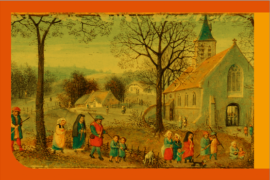 Colour illustration of people gathering outside a church during the Middle Ages